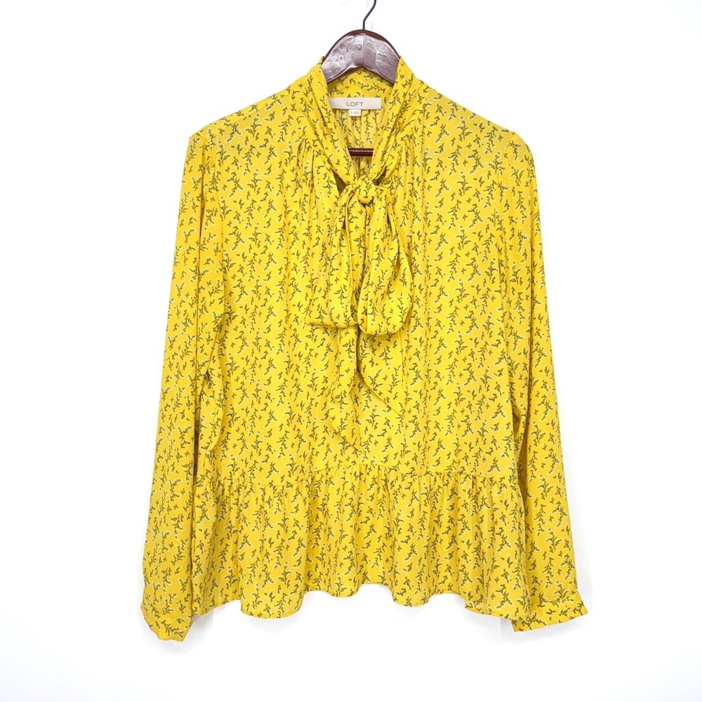LOFT Tied Neckline Yellow Blouse With Blue Teal & Brown All Over Plant Print